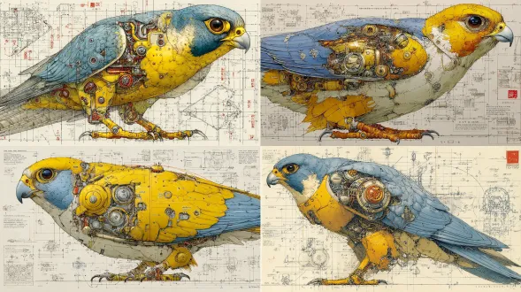 潜水中的生物力学猎鹰，揭示内部机械结构的剖面图，采用横山浩、大友克洋和莫比乌斯的混合风格。赛博朋克美学与复古工程蓝图风格相结合，具有动态运动和空气动力学机械设计。猎鹰的身体由黄色和金属银色面板、齿轮、活塞和能量核心制成，机翼上有发光的橙色导管。翅膀张开得很宽，由分层的合金羽毛组成，具有可见的机械接头和内部电路。采用细墨线、交叉影线和鲜艳的色彩面板呈现，营造出力量与优雅的平衡。周围环绕着蓝图式的注释、数字和原理图符号，在白纸上以详细的工程插图呈现。高度细致、多层次、蓝图基调、电影机械解剖、手绘技术艺术、英勇机械姿态