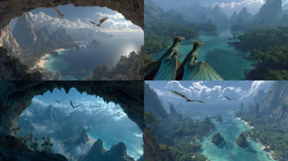 从高大的山洞洞口内眺望，陡峭地俯瞰令人叹为观止的天堂般的热带景观。在碧绿的海洋中可以看到雄伟的水下瀑布幻觉，围绕着郁郁葱葱的绿色岛屿和壮丽的山脉流淌。三条雄伟的巨龙，有着错综复杂的鳞片、大翅膀、细致的头、腿和尾，在生机勃勃的蓝天上优雅地翱翔，柔和、光芒四射的光芒穿透云层。超现实、复杂的细节、电影般的灯光、超高清、虚幻引擎