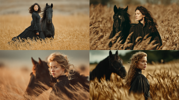 欧洲女人，收腰人像，身穿黑色轻盈飘逸长袖连衣裙，半转身站在金色的麦田里，旁边是一匹鬃毛的黑马，头发和布料柔和的风动，电影般的光线，美术摄影风格，动态运动模糊效果，空灵大气，温暖的金色色调，85mm 镜头，浅景深， 高细节