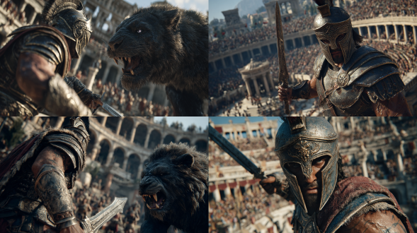 一张逼真至极、超高分辨率的电影级杰作：一位饱经风霜、带着战斗伤痕的角斗士，身着粗糙而细节丰富的罗马盔甲——有划痕的青铜甲片、沾着汗渍的皮革带子、汗光闪闪的皮肤、凹陷头盔下那双目光锐利的眼睛——他摆出充满动感的战斗姿势，举起短剑，向前挺盾，肌肉紧绷，凉鞋下的尘土飞扬。正对面15米处，一头比普通雄狮大五倍的巨型黑狮（肩高3.5米，体长6米，鬃毛如狂野的黑曜石风暴，獠牙像象牙匕首，爪子似镰刀，光滑的子夜般黑亮的皮毛下肌肉起伏）正咆哮着冲锋，口水飞溅，眼中燃烧着原始的怒火。它们在一座巨大的未来主义古罗马角斗场中对峙——分层的大理石座位上融合着发光的全息横幅，霓虹拉丁语铭文闪烁，巨大的爱奥尼柱式上点缀着流畅的铬合金装饰，十万名呐喊的观众模糊成一片动感的背景。视角来自高处奢华的贵宾包厢：天鹅绒坐垫、金色栏杆、折射着光线的香槟杯、金色时刻的阳光穿过大气薄雾形成的光束、镜头光晕、8k清晰度、电影级景深、超写实纹理、史诗般的规模、强烈的紧张感。