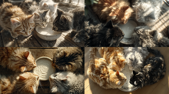 一张超写实的俯视照片，画面中有四只小猫——一只橘色虎斑猫、一只灰色虎斑猫、一只白猫和一只黑猫，它们紧紧围在一个浅口白色陶瓷碗旁，碗里盛着牛奶，放置在温暖的木质厨房地板上。相机以完美的鸟瞰视角捕捉到这一场景，展现出小猫们柔软的脑袋围成一个自然的圆圈，一起喝奶的样子。它们的毛发纹理细节丰富，能看到细密的绒毛和细微的颜色变化。柔和的晨光从附近的窗户照进来，形成自然的阴影、温暖的高光，以及牛奶表面柔和的反光。地板呈现出逼真的木纹和淡淡的光线反射。整个氛围宁静、舒适又暖心，仿佛是用高端单反相机在自然光下拍摄的。超写实、逼真的8k摄影，电影感柔和日光，真实的毛发和光影物理效果，暖色调，高动态范围