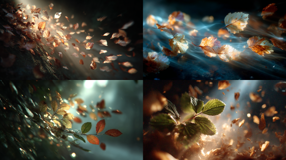 leaves swirling in a beam of light, motion freeze, gentle chaos, warm tone against shadow high-speed capture · 1/2000 s shutter