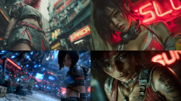 请帮我生成一张图片，后期处理包括赛博朋克、鱼眼、女性、短裙、盔甲、赛博城市、漫反射、金属质感、霓虹色、科幻感、反射细节、低角度构图、深景深、电影级渲染、动态模糊，以提升画面质感和氛围画面要求：高分辨率，构图精良，光影细腻，色彩层次分明，边缘清晰，纹理细节丰富。请避免：低分辨率、严重噪点、畸变、构图凌乱、不自然的人体比例或表情