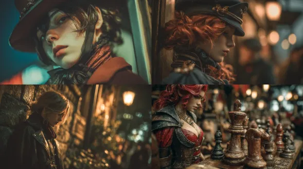 请帮我生成一张图片，参考艺术家：蒸汽波风格、低角度、女性、学院风、都市夜景、戏剧性强、湿润质感、曝光偏暖、高饱和、浪漫、小物件堆叠、低角度构图、虚化bokeh、电影级渲染、高对比lut、参考艺术家: 达芬奇风格 画面要求：高分辨率，构图精良，光影细腻，色彩层次分明，边缘清晰，纹理细节丰富。 请避免：低分辨率、严重噪点、畸变、构图凌乱、不自然的人体比例或表情。