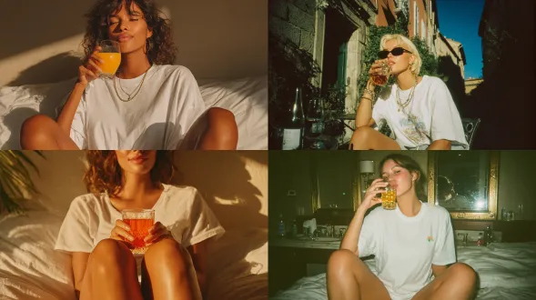 photograph of shot of mirror selfie of women in an oversized white t-shirt, suntanned legs. in the style of martin parr drinking a supplement drink out of a chic glass. it's a photo taken in the style of sony alpha a7 iii camera using kodak gold 400 film stock