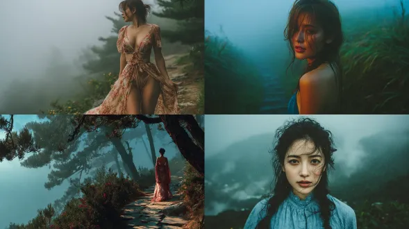 一个穿着沙滩裙的年轻美丽的亚洲女孩，站在雾气缭绕的山路上，从高俯角度拍摄。她娇嫩白皙的肌肤在柔和的自然光下闪闪发光，头发被微风吹拂得微微凌乱，下面薄雾下的松树林，电影般逼真。