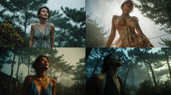 一位身着沙滩裙的年轻美丽的亚洲女孩，从低角度拍摄，抬头仰望朦胧的天空，周围是逐渐消失在雾气中的松树，自然阳光突出了她光滑白皙的皮肤，电影般的构图，超逼真的细节。