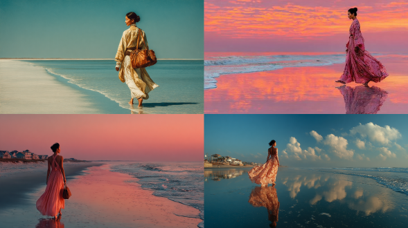 日出时分，身着优雅沙滩装的亚洲女性沿着海岸行走的逼真艺术侧面特写，白皙光滑的皮肤发出柔和的光芒，优雅的步伐，电影取景，超细节