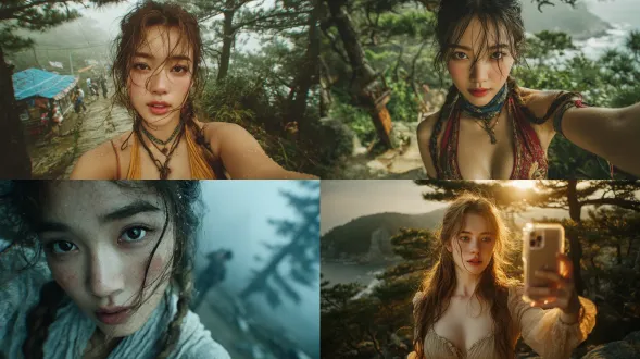 一位年轻的亚洲美少女，身穿沙滩裙，身材完美，肤质白皙细腻，在迷雾缭绕的山间小径上自拍。微风吹乱了她的头发，而背景中的松树林显得模糊不清。场景自然采光，具有电影般的特写镜头和逼真的细节