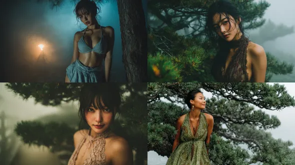 身着沙滩裙的年轻美女亚洲女孩轻轻靠在松树上，苗条的身材被姿势所强调，雾气缭绕，白皙细腻的肤质凸显出来，电影般的真实感，干净的构图