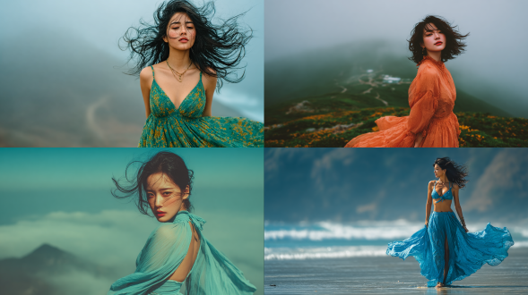 身着沙滩裙的年轻美女亚洲女孩站在山风中，头发和连衣裙动感飘逸，在薄雾的映衬下勾勒出优美的身影，白皙光滑的肌肤在自然光下熠熠生辉，电影氛围，超逼真的细节