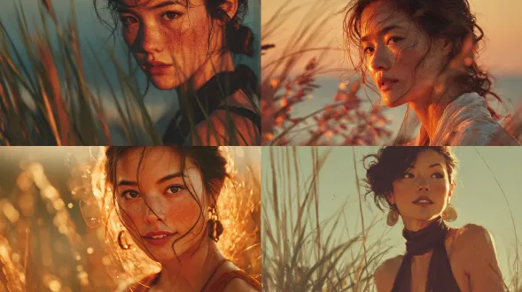 日出时穿着优雅沙滩装的亚洲女性的写实艺术肖像，透过模糊的沙滩草地，柔焦前景，白皙光滑的皮肤发出温暖的光芒，电影般的深度，超细节