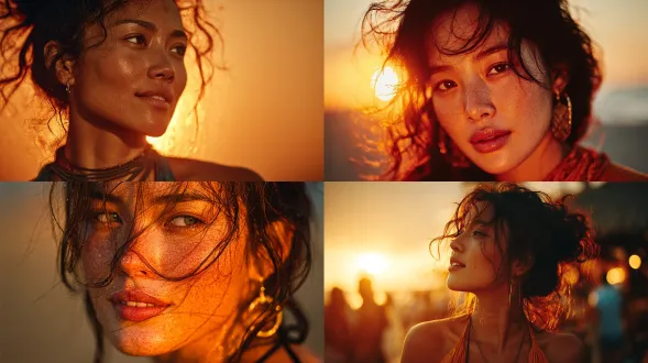 日出时穿着优雅沙滩装的亚洲女性的逼真长焦艺术肖像，从远处捕捉，金色的光芒勾勒出她的轮廓，通过暖光可见白皙光滑的皮肤，电影压缩，超细节。