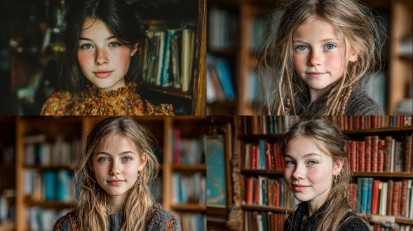 年轻女孩直顺长发自然披落回望镜头，温柔明亮眼神嘴角浅笑，站在木质书架前，自然光柔和温暖，肌肤毛孔细汗毛清晰，发丝边缘柔和服装纹理细腻，全画幅相机85mm人像镜头，机位略低轻微下腰取景拉长腿部，右侧三分线构图腿部斜线引导，现代时尚人像自然真实生活气息，轻微胶片颗粒淡淡晕影，锐化发丝衣物纹理，3:4画面比例