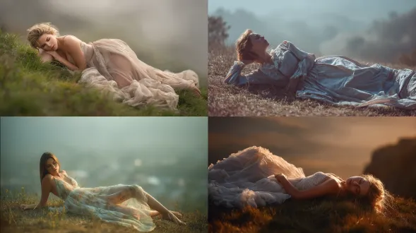 身着长裙的年轻美女优雅躺在迷雾山坡草地，轻盈薄纱长裙随风飘动，慵懒舒展的肢体线条，柔和逆光下肌肤透亮细腻，景深浅，电影级真实感，朦胧雾气环绕，冷调与暖光交融，静谧优雅。长焦镜头，浅景深，柔光，飘逸裙摆，细腻肤质，朦胧背景，低饱和度，电影感，宁静氛围。