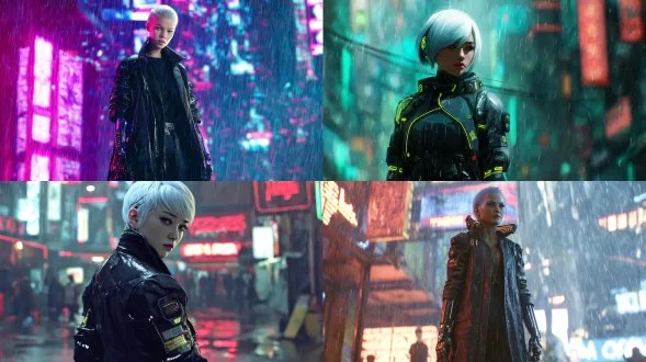 frontal face cyberpunk heroine, futuristic tactical outfit, neon decorated black leather coat, electronic arms, short silver hair, confident and mysterious expression, standing on neon illuminated street, rain and reflections, futuristic city background, cinematic lighting, super detailed, sci-fi heroine vibe, asian cyberpunk heroine, movie 8k.