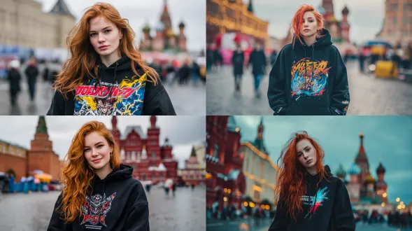 一位红发耀眼的自信斯拉夫女孩，在莫斯科红场昂首阔步。她身着时尚 oversize 黑色连帽衫，背后印有《电锯人》动漫标志性醒目图案，城市环境为背景，带有动态模糊效果，色彩鲜明饱满，使用索尼 a7iii 相机拍摄，焦点锐利清晰。