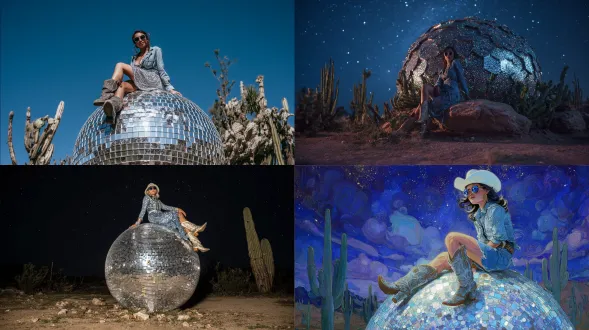 一位戴墨镜的派对牛仔女坐在沙漠中巨大的迪斯科球顶端，周围有仙人掌点缀，夜空繁星点点，pin-up 风格造型，身着牛仔装、脚踩牛仔靴与长裙，迪斯科球布满银色闪粉与亮片，融合詹姆斯・r・伊兹（james r eads）、冈本太郎（taro okamoto）、阿尔丰斯・穆夏（alphonse mucha）与蒂姆・波顿（tim burton）的创作风格