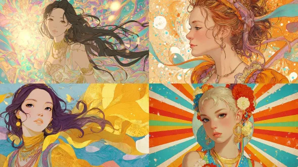 身着虹彩连衣裙与金饰的美丽女子，手绘插画风格，柔和色调，参考莫比乌斯（moebius）笔触，身后散发耀眼光芒，融合川崎（kawacy）创作质感与吉卜力动画风格，兼具复古韵味，参考詹姆斯・简（james jean）美学