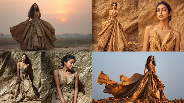 elegant indian woman wearing gown crafted from recycled brown kraft paper, natural crumpled texture, sustainable couture, golden-hour sunlight, earthy outdoor backdrop, detailed folds, full body view, editorial shot
