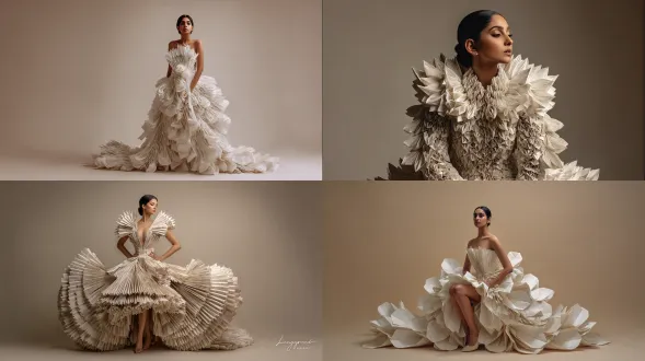 eautiful indian woman wearing avant-garde gown made of folded white origami paper, layered folds forming structured petals, soft studio lighting, neutral beige background, editorial fashion photography, full body front view, intricate paper texture focus