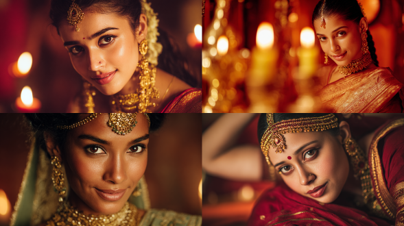 美丽年轻的印度女性身着传统沙丽，排灯节氛围，全身正面视角，优雅自信表情，金色珠宝点缀，深邃眼眸，暖色调背景，高光细节，柔焦效果，戏剧性光影，奢华质感，50mm定焦镜头，浅景深，低角度拍摄，金属光泽，节日庆典感，高贵典雅，编辑级华丽肖像，柔和暖色聚光，暖色调，高对比度，精致妆容，华丽头饰，动态纱丽褶皱，蜡烛光晕，金色点缀，微笑，神圣感，节日灯光