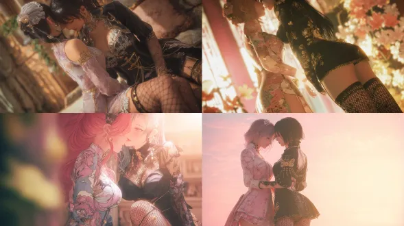 两位梦幻动漫风格少女，一位身着透明优雅长裙，粉色半透明世界地图花纹覆盖，另一位身着黑色渔网袜配金色装饰，亲密浪漫姿势，耳畔低语，柔和光线，粉彩色调，梦幻氛围，高分辨率，情感丰富，特写镜头，浅景深，柔焦效果，暖色调，细腻皮肤纹理，浪漫情感，唯美构图，