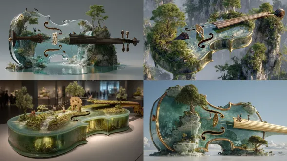 超现实逼真艺术：一把巨大的半透明祖母绿小提琴，内部孕育着一片繁茂的袖珍雨林；f形音孔化作水晶瀑布，小小探险者行走在由闪亮琴弦编成的绳桥上，异域飞鸟穿梭于微观古树之间，琴弓化作一座横跨雾峡谷的水晶桥，植物泛着生物荧光，阳光斑驳地透进半透明的翡翠琴身，复杂根系透过晶壁清晰可见，晨雾缭绕，纹理超精细，祖母绿与玉石色渐变深邃，琥珀金反光闪烁，大气透视，国家地理摄影风格