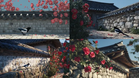 一幅逼真的cinema4d风格3d渲染图：一只黑白相间的喜鹊正沿着韩国传统石墙行走，墙顶铺着深灰色瓦片，沐浴在春日暖阳中。石墙下半部分由天然石块砌成，类似韩国传统的石墙，纹理细腻，阴影微妙。附近盛开着红色山茶花，几片花瓣在微风中飘荡，背景是湛蓝的天空。氛围宁静优雅、春意盎然，光线柔和，倒影真实，材质细节丰富。超高画质
