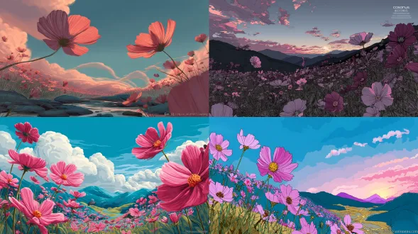 漫山遍野的波斯菊起伏成浪，丘陵、溪流、鹅卵石、天空、云朵、晚霞交相辉映，插画风格，高清高质。 cosmos flowers 的学名是波斯菊，也叫秋英、大波斯菊，原产于墨西哥，属于菊科秋英属的一年生或多年生草本植物。它的名字 “cosmos” 源自希腊语，意为“和谐”或“秩序”，因为它的花瓣排列整齐，给人一种优雅、平衡的美感