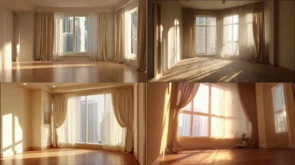 一间明亮温暖的美式客厅，没有家具，奶油色和米色的墙壁，木质地板，阳光透过透明的纱帘柔和洒入，温馨简约的氛围，自然温暖的光线，高层公寓，干净平静的心情，电影般的灯光，逼真的室内摄影