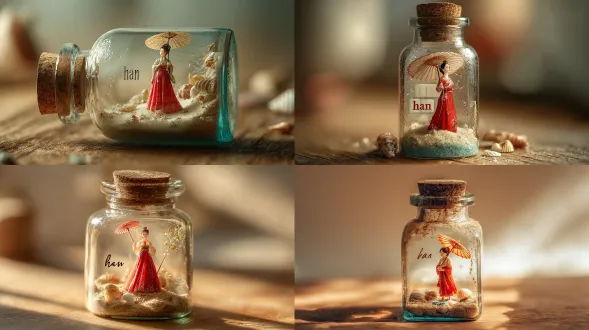 在木桌上的一个透明玻璃瓶中，打造一个超真实的微型立体模型。瓶中，一位美丽的中国古代女子优雅地伫立，穿着红色的汉服，优雅地拿着纸伞，展示了中国独特的文化符号。模型虽小却真实；瓶口厚实、光学折射微妙、桌子上映出柔和的光斑、瓶身布满细微划痕与灰尘。右侧主光温暖，左侧微光补光；瓶身映出柔和反光，底部投下轻柔阴影。瓶底铺满细沙，散落小贝壳，边缘一圈淡绿松石色水迹，沙粒清晰。瓶身左上，用白色马克笔手写“han”字样，上面有正确的上标。背景暖米色，柔焦模糊。采用移轴/微距效果，85mm镜头感，f/1.8景深；细节锐利（皮肤纹理、发丝、织物、耳机金属/塑料/玻璃质感）。居中构图，竖版3:4比例，hdr高动态范围，暗角微妙，呈现高端电影级超现实微缩风格。