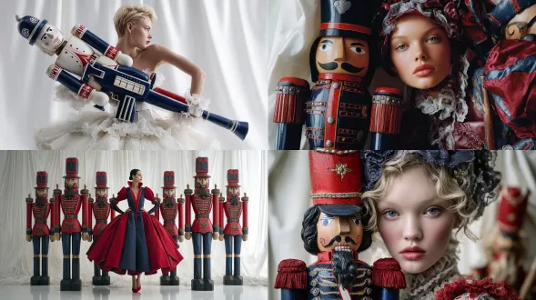 一场《vogue》杂志的时尚摄影，一位时尚模特与木制士兵摆拍，风格效仿蒂姆·沃克，背景是白色幕布，模特手持大型玩具士兵，带有藏青色和红色的细节，采用复杂、超写实的摄影手法，用于《vogue》杂志的时尚编辑摄影，登上了《vogue》杂志封面。