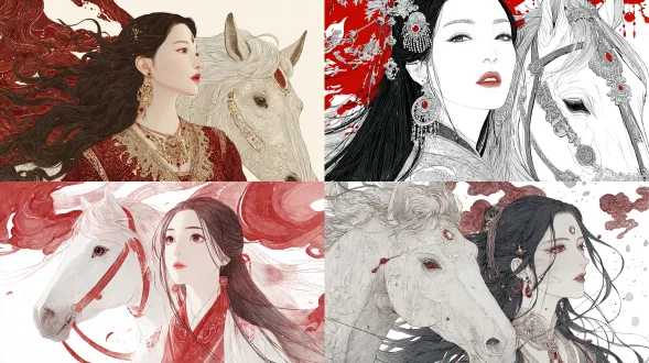 这幅插画描绘了一位优雅的长发女子，她身着中国传统服饰，红色烟雾在她头顶缭绕，宛如马鬃。她妆容精致，脸庞两侧佩戴着精美的首饰。她凝视着远方，眼眸闪闪发光。旁边有一匹马，其颜色和外形与之相似。背景为白色。整体风格从书法和水墨画等古代艺术形式中汲取了灵感。