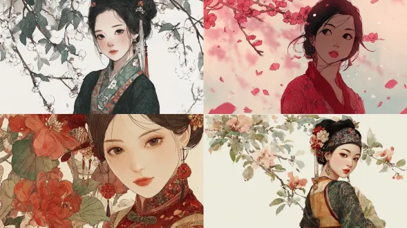 精美的中国漫画，一位身着古装的优雅女子（人物设计精致细腻，服饰质感考究，五官精巧，配以细致入微的笔触线条（融合了中国传统线描与日本漫画风格），柔和的水彩背景，营造出空灵诗意的氛围。