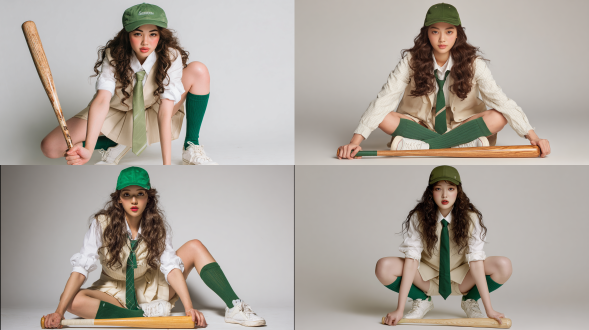 一位身材高挑、皮肤白皙的亚裔女性，留着棕色的长卷发，戴着一顶绿色棒球帽，穿着白色v领衬衫（袖子卷了起来）、宽松的绿色领带、米色西装裙、绿色过膝袜和白色运动鞋。她身体前倾，双手放在棒球棒上，正对着镜头。