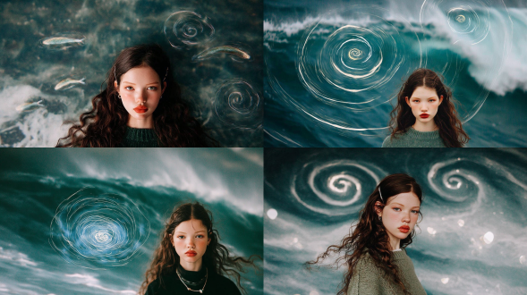 一幅描绘卷发女性的插画，采用了木内达郎的风格，以蓝白线条勾勒而成。背景满是深靛蓝色的漩涡，营造出一种氛围感，为她的肖像增添了深度。她有着红色的嘴唇和紧闭的双眼，为整幅作品增添了一丝神秘感或忧郁感。她飘逸的发丝与蓝灰色图案的平滑质感形成了鲜明的动态对比。