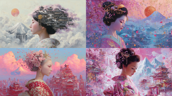一幅超现实的肖像画，描绘了一位神圣的日本艺伎，她神情安详，姿态优雅。精致的生物机械发簪在她发间微微发光，丝质和服如薄雾般飘动。一座天国之城从她的发丝中浮现，身后是富士山和一轮柔和的红日。空灵的樱花花瓣在明亮的空气中飘荡，瀑布与金色的云朵和漂浮的宝塔交织在一起。整个画面氛围宁静，充满灵性，采用超精细的3d拼贴现实主义风格，搭配柔和的电影级灯光、珍珠般的质感、和谐的彩色粉笔色彩，呈现出辛烷渲染的美学效果，是一幅8k的杰作，具有 lucid origin 风格