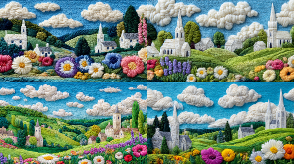 精致的纤维艺术或刺绣挂毯风格的高度详细的手机壁纸。舒适的英式乡村风光，拥有白色石屋和坐落在连绵起伏的绿色山丘上的高大的白色教堂塔楼。前景以盛开的大而鲜艳的刺绣花朵（如雏菊、薰衣草和罂粟花）的特写视图为主，这些花卉以粗壮、有纹理的纱线或线呈现。山丘、树木和云彩都是使用立体针线活和纱线技术（如法式结、缎面针迹和环针迹）渲染的。天空是亮蓝色的，蓬松的白云由蓬松的羊毛或毛毡制成。整体效果迷人，触感强，舒适，手工制作