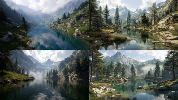 晶莹剔透的高山湖泊被高耸的山峰环绕，晨雾从水中升起，阳光穿透云层，超逼真的湖面倒影，4k，照片级逼真，高细节，电影般的灯光，宁静而雄伟的氛围