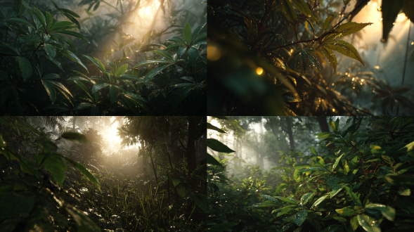 日出时茂密热带雨林，晨雾缭绕树木，阳光穿透树叶，超逼真4k，高细节，广角镜头，柔和大气的自然光，充满活力的绿色调，雾气弥漫，露珠闪烁，层次分明的植被，柔和阴影，暖色调与冷色调对比，微距细节，超现实主义风格，宁静而神秘氛围