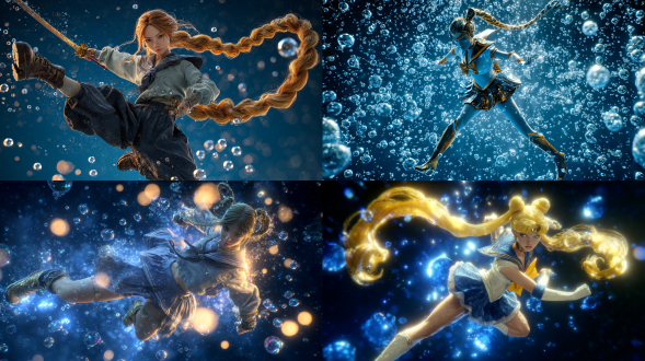 美少女战士穿着经典水手服，摆出强大的动作姿势，在变身中或攻击中，动态的全身镜头。她的金色长辫子戏剧性地飘逸，在她周围旋转。场景以深午夜蓝色为背景，充满了发光的气泡、水滴和闪闪发光的宇宙能量。她的脸上流露出决心和轻微的用力。灯光很引人注目，突出了她靴子上的光泽和头发上的光泽。极其详细，高质量，在 artstation 上流行，电影动漫主视觉