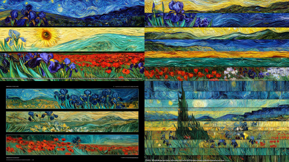 文森特·梵高独特的后印象派绘画风格的垂直手机壁纸拼贴画。该图像由多个水平带或图层组成，每个水平带或图层都描绘了梵高的著名主题，以厚实、可见的厚涂笔触和充满活力、高对比度的色彩呈现。图层应包括： 1. 上层：鸢尾花或向日葵的 特写镜头 （以蓝色和黄色为主）。 2. 中间层：《星夜》或《麦田与柏树》（漩涡的蓝色、黄色和深绿色）等 场景 。 3. 下层：罂粟花田或杏仁花（红色/绿色或浅蓝色/白色占主导地位）的 地面视图 。 整体构图必须是垂直的和层次的，保持梵高作品的湍流、质感和表现力特征。高分辨率，绘画质感，高度风格化