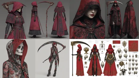 a full-body image of a female grim reaper, dark fairy tales style, clad in a red hunter hood, a striking figure and a skull-like visage. the scythe and her attire are adorned with intricate skull motifs and other dark, ornate patterns, creating a gothic and sinister aesthetic. high details