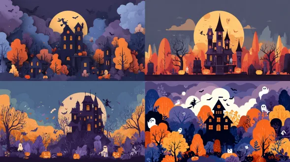 flat vector illustration in modern travel poster style, collage layout of halloween landmarks, large central haunted house or jack-o’-lantern, witch flying across moon, surrounded by ghosts, bats, black cats, skeletons, pumpkins, and autumn trees, clean vector shapes, smooth color fills, minimal modern aesthetic, cinematic balanced composition, deep orange, dark purple, midnight blue, candlelight yellow palette, cozy spooky atmosphere