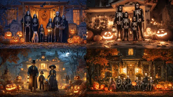 a family wearing glowing skeleton costumes, gathered in front of a halloween-decorated house at night, carved pumpkins glowing warmly around them, one baby capybara holding a lantern, bats flying in the sky, scattered autumn leaves on the ground, cozy yet spooky atmosphere, ultra realistic photography, cinematic lighting, rich colors