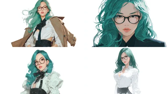 半寫實油畫動漫插畫 , 介於寫實與插畫之間的風格 , 韓國繪師 김형태 人物特色 , 寫實精緻向量圖風格人物設計概念圖 , 精緻插畫 , 融合美國海報插畫風格, 一位動漫面孔的 戴眼鏡的海洋綠色頭髮女魔法師 (英姿站立) , 完美電影構圖 , 白色背景半身設計概念圖