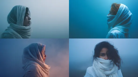 young woman wrapped in white wool scarf, her silhouette emerging from blue haze, canon eos r5, 85 mm f/1.2 lens, iso 100, aperture f/2.2, 1/250 s, hdr capture