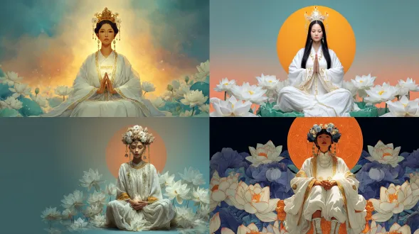 一张中景照片显示，一名年轻的亚洲女子坐在玉莲花台上。她穿着一件飘逸的白色长袍，袖口和衣领处有金色镶边。她戴着一顶九朵花的皇冠，耳朵上点缀着珍珠和金流苏。她凝视着前方，双手合十（手掌发出白光），周围是纯白色的莲花，背景是渐变的橙蓝色
