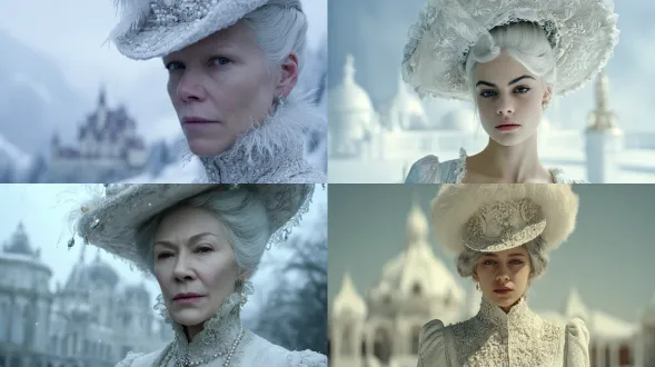 画面中心是一位冷白皮，造型的西方大小姐的头部特写。她的神态高傲娇纵放肆，气质高冷且带有偏执。银白色盘发搭配着一顶大大的网纱复古宫廷帽子，网纱长度可观，盘发上点缀着珍珠和装饰。她穿着英国贵族复古服饰，浅白色丝绒与欧根纱拼接，衣服上精致的绣花非常醒目。低柔光营造出流体质感，朦胧而高饱和度的色调，展现出哥特废土田园风格。背景白色欧式宫殿